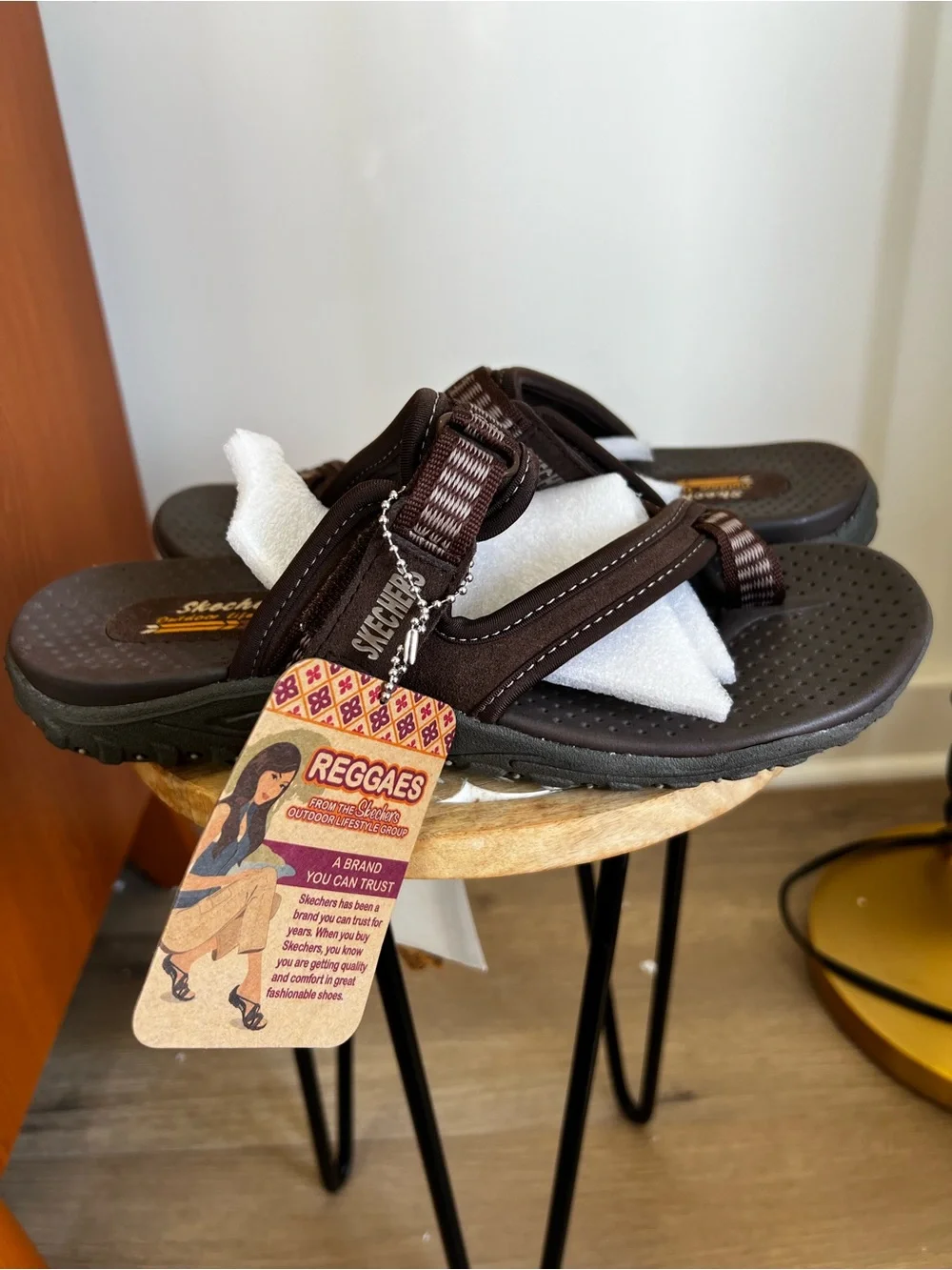 Skechers Reggaes Woman’s Dark Brown Plaid Strap Slide Sandals